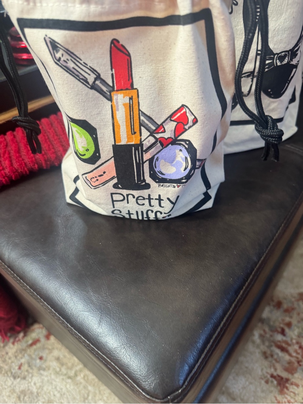 Brighton Cream Drawstring Cosmetic Bag Trio with Red Heart and Black Trim - Picture 7 of 9